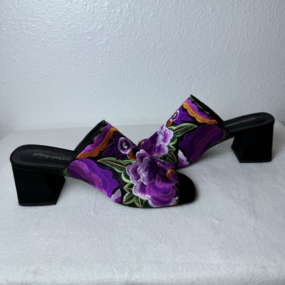 Jeffrey Campbell Floral Bird Embroidered Mules Heels Women's 10 Boho Purple - Picture 5 of 14